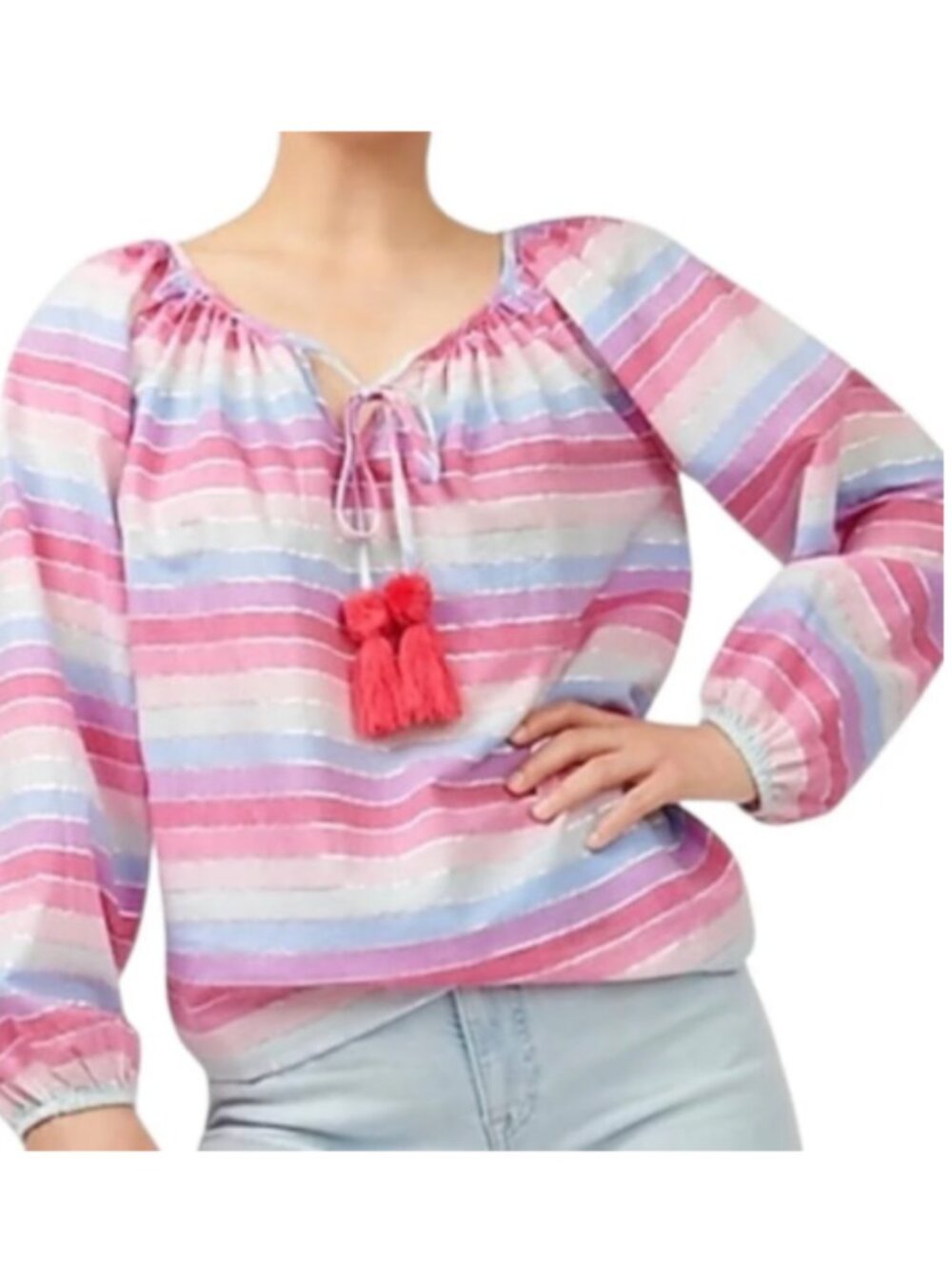 J.Crew Pink Blue Metallic Stripe Tassel Blouse
